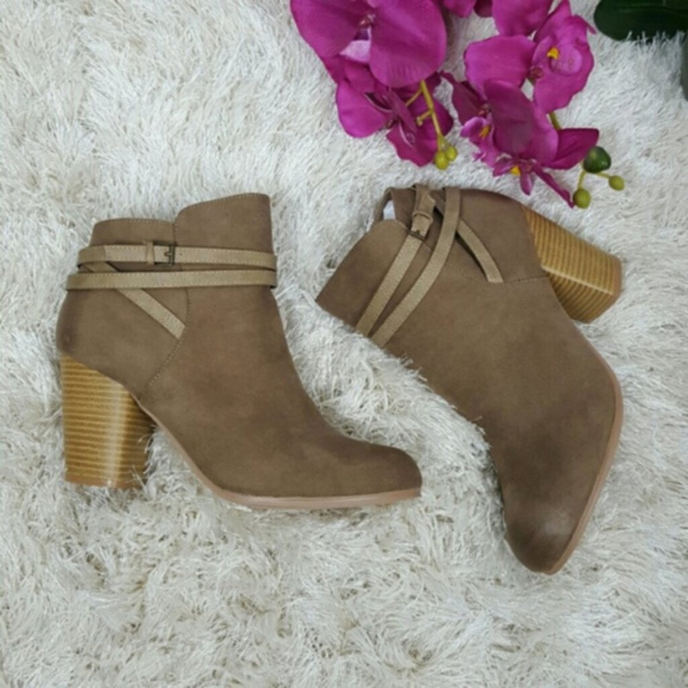Dark Tan  Strapped Booties Rustic Faux Suede Boot